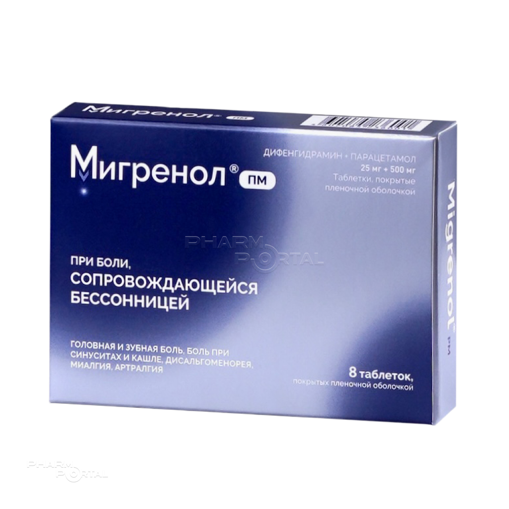 МИГРЕНОЛ ПМ 25мг+500мг N8 табл п.п.о. В-МИН